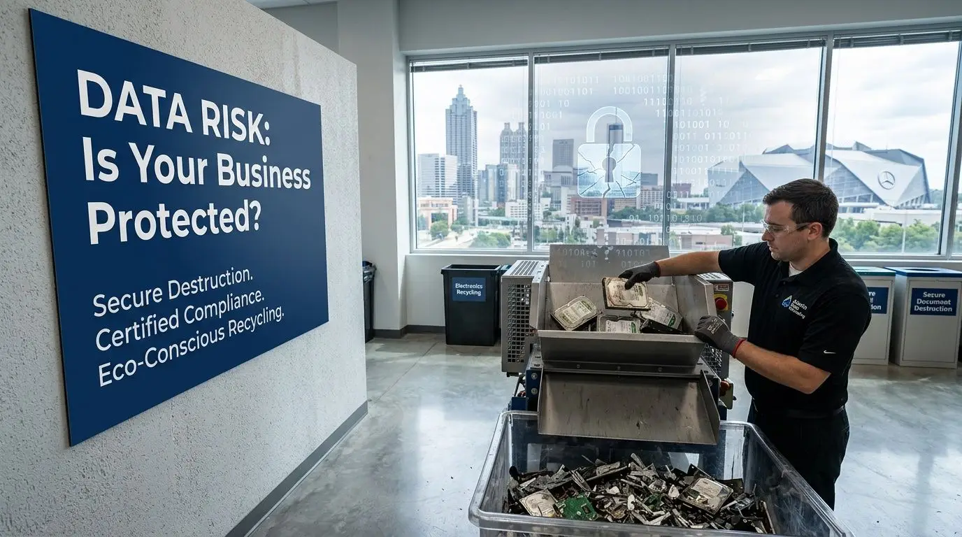 A technician wearing safety glasses and gloves sorts hard drives for secure destruction at an Atlanta facility.