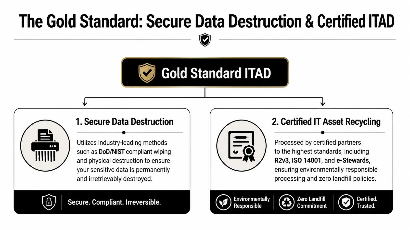 A diagram outlining the Gold Standard for secure data destruction and certified IT asset recycling services.