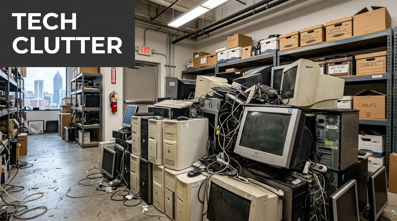 A cluttered storage room filled with old beige computer towers, monitors, and tangled cables in Atlanta.