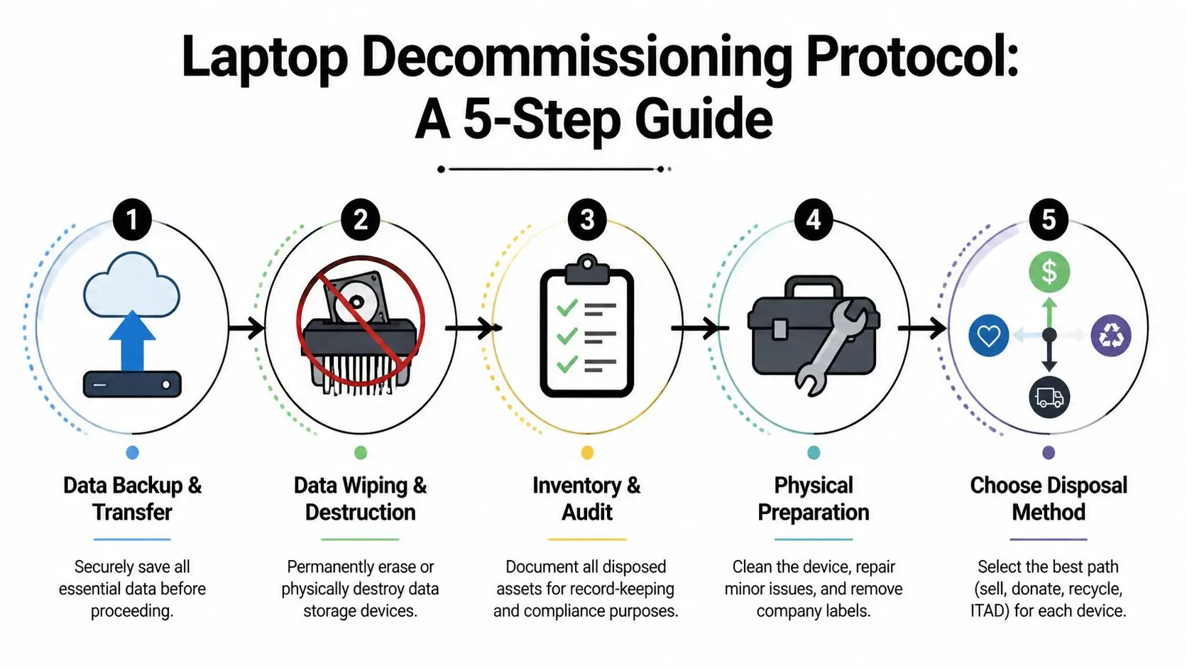 A 5-step infographic guide detailing the professional protocol for decommissioning and disposing of old business laptops.