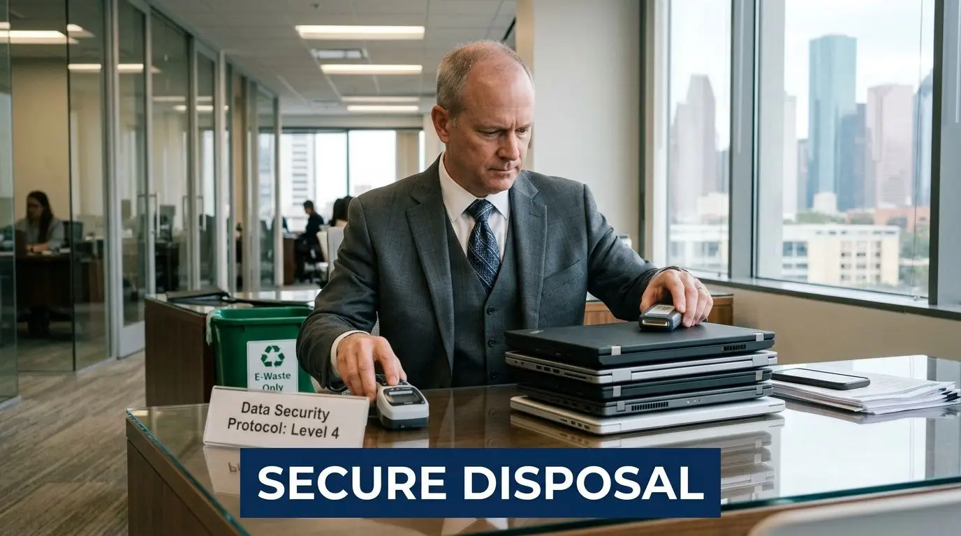 A professional man in a suit scans old laptops for secure e-waste disposal in a Houston office.