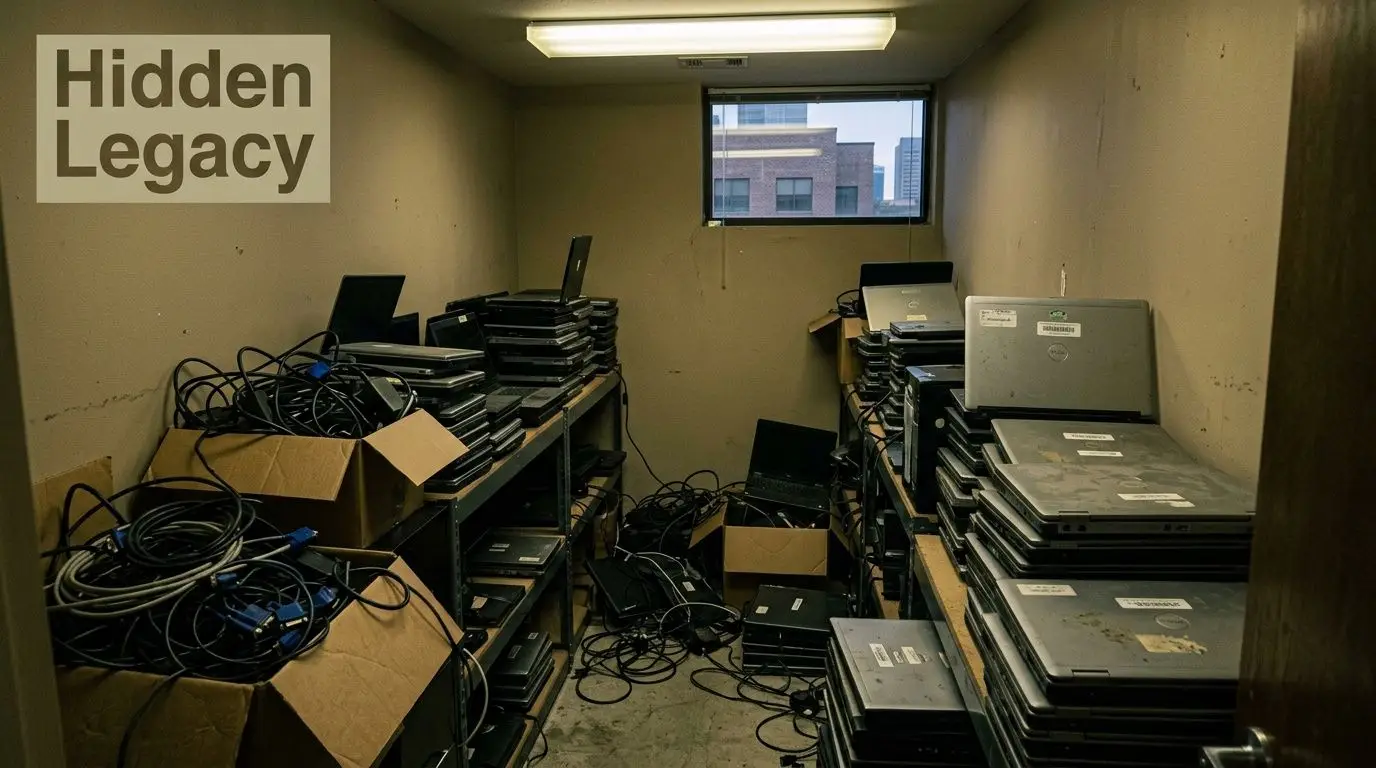 A storage room filled with stacks of old laptops and tangled computer cables on metal shelving units.