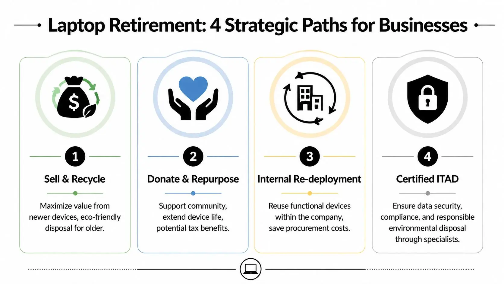 An infographic showing four strategic paths for businesses to retire old laptops: sell, donate, redeploy, or ITAD.