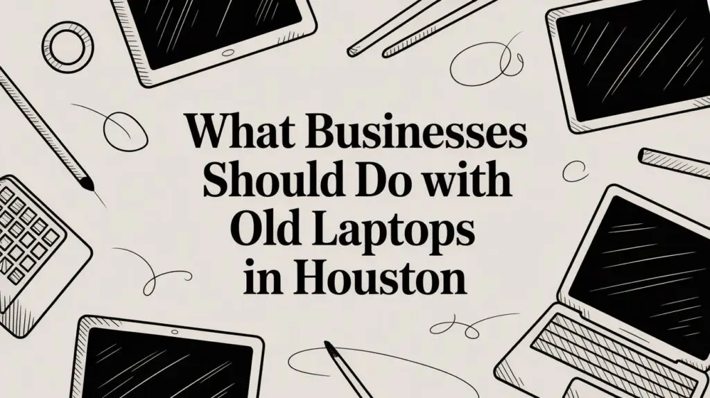Illustration of laptops, tablets, and pens surrounding the text: "What Businesses Should Do with Old Laptops in Houston" on a light background.