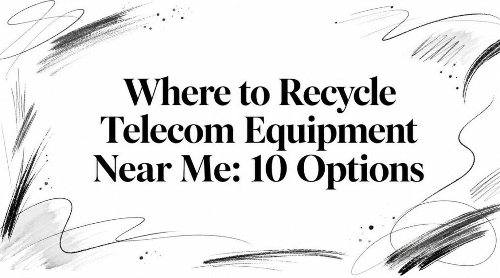 Image shows the text "Where to Recycle Telecom Equipment Near Me: 10 Options" with abstract black designs.