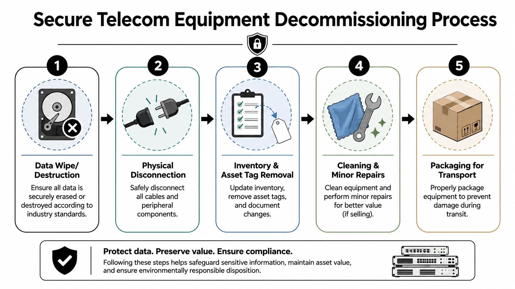 A five-step secure telecom equipment decommissioning process flowchart for data protection and asset management.