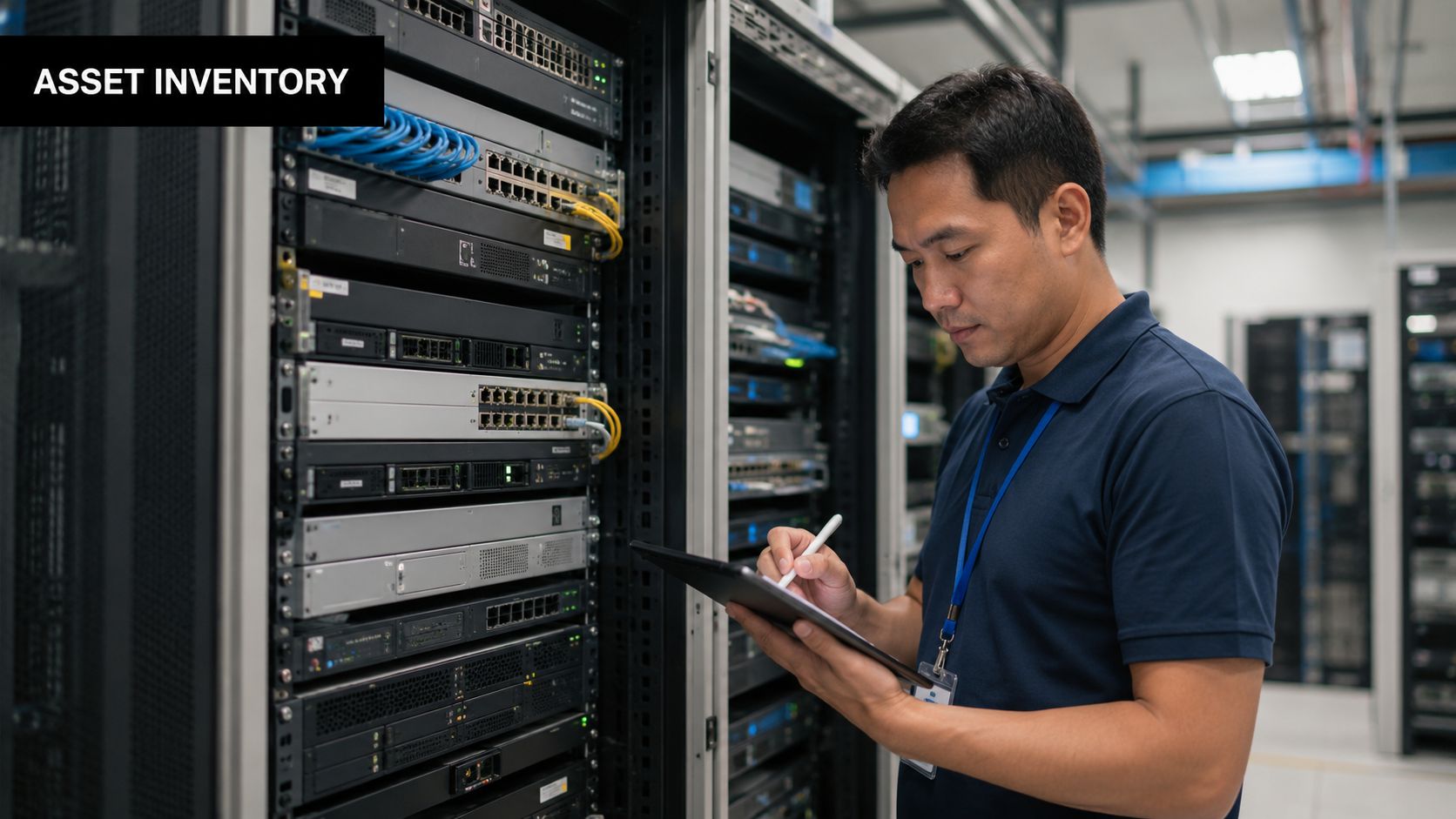 An IT technician performs an asset inventory check on network server equipment in a data center.