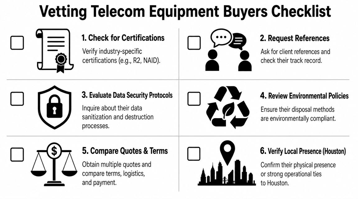 A checklist for vetting telecom equipment buyers, highlighting six key steps for verifying business partners.