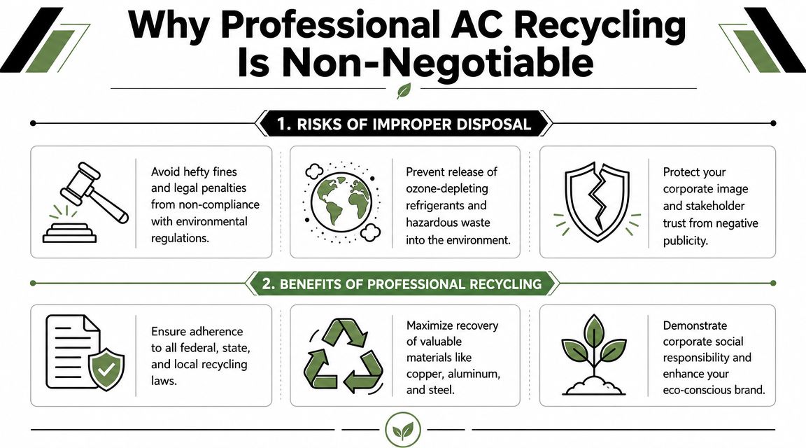 An infographic titled Why Professional AC Recycling Is Non-Negotiable explaining disposal risks and professional recycling benefits.