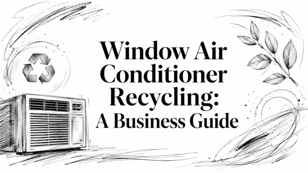A sketch shows a window air conditioner, recycling symbol, leaves, and the text: "Window Air Conditioner Recycling: A Business Guide.