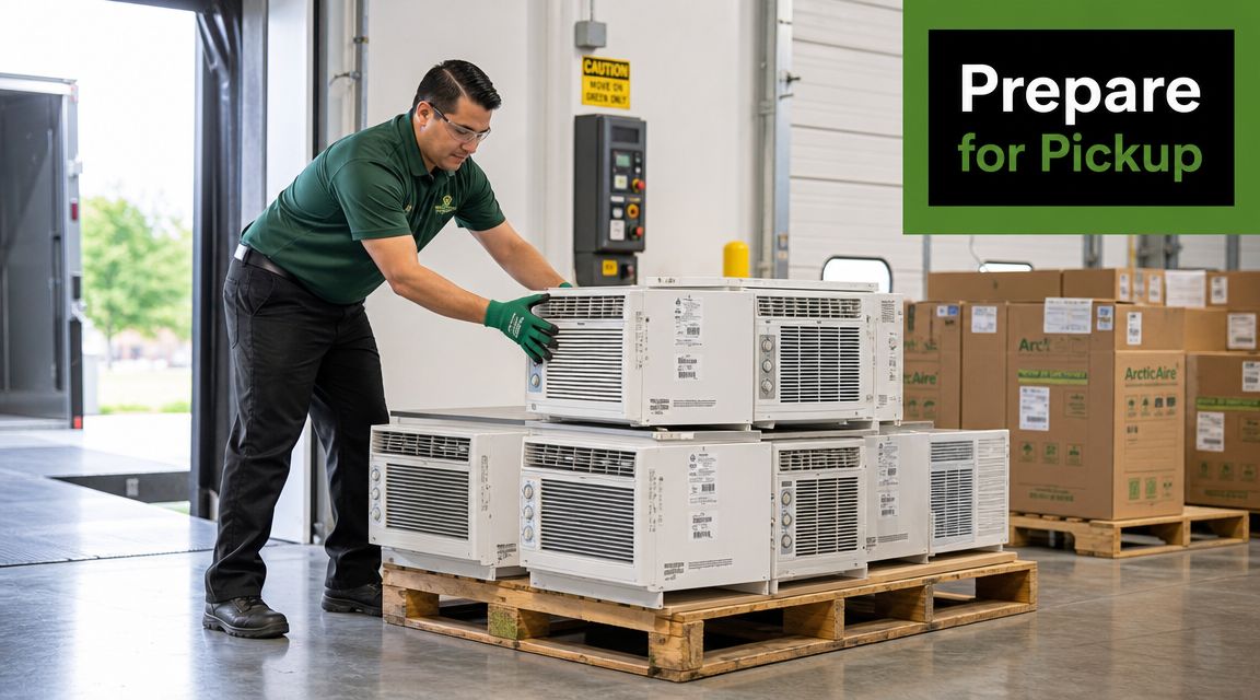Warehouse worker preparing a wooden pallet of window air conditioner units for recycling and pickup.
