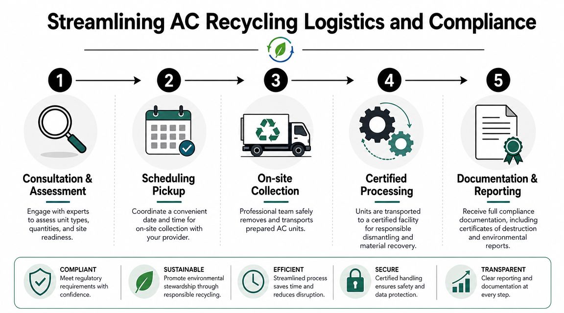 An infographic showing a five-step process for streamlined air conditioner recycling logistics and environmental compliance.