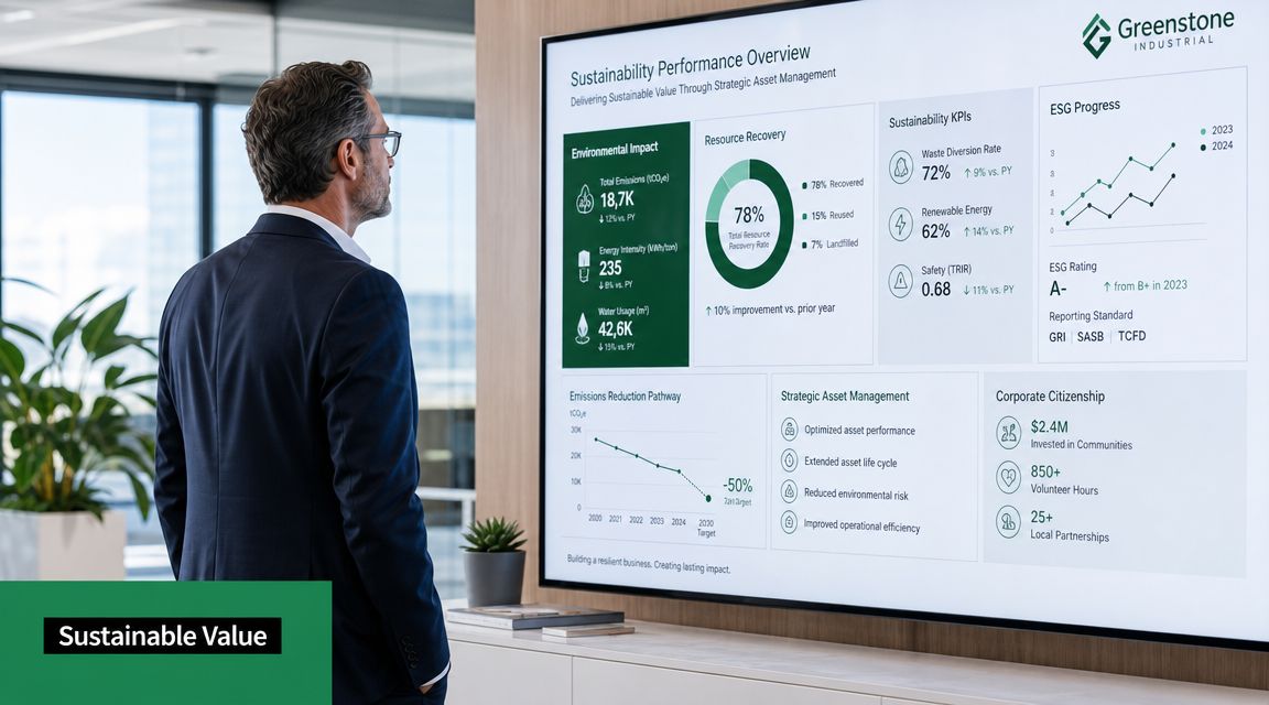 A professional man looking at a digital screen showing sustainability performance and environmental impact metrics in an office.