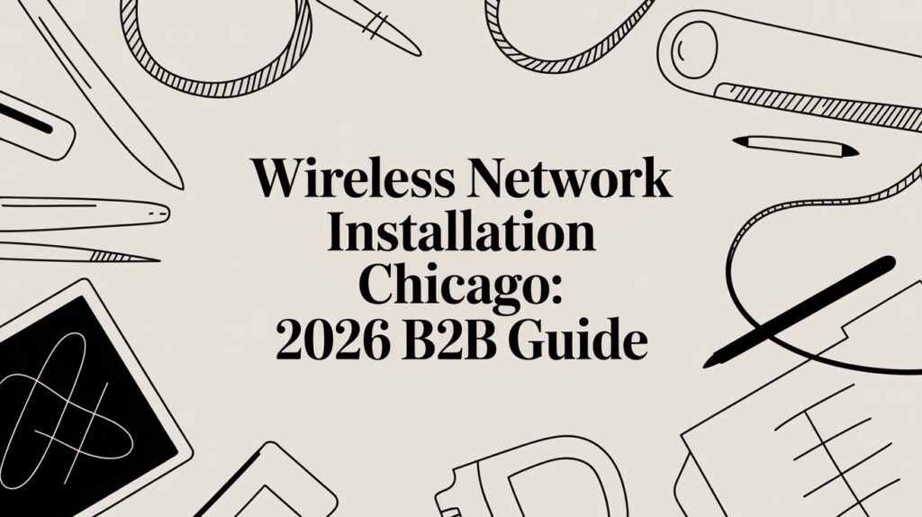 A graphic with office supplies sketched around the border and bold text in the center reading, "Wireless Network Installation Chicago: 2026 B2B Guide.