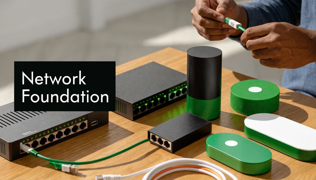 A person connects an Ethernet cable to networking hardware on a wooden table, featuring routers and switches.