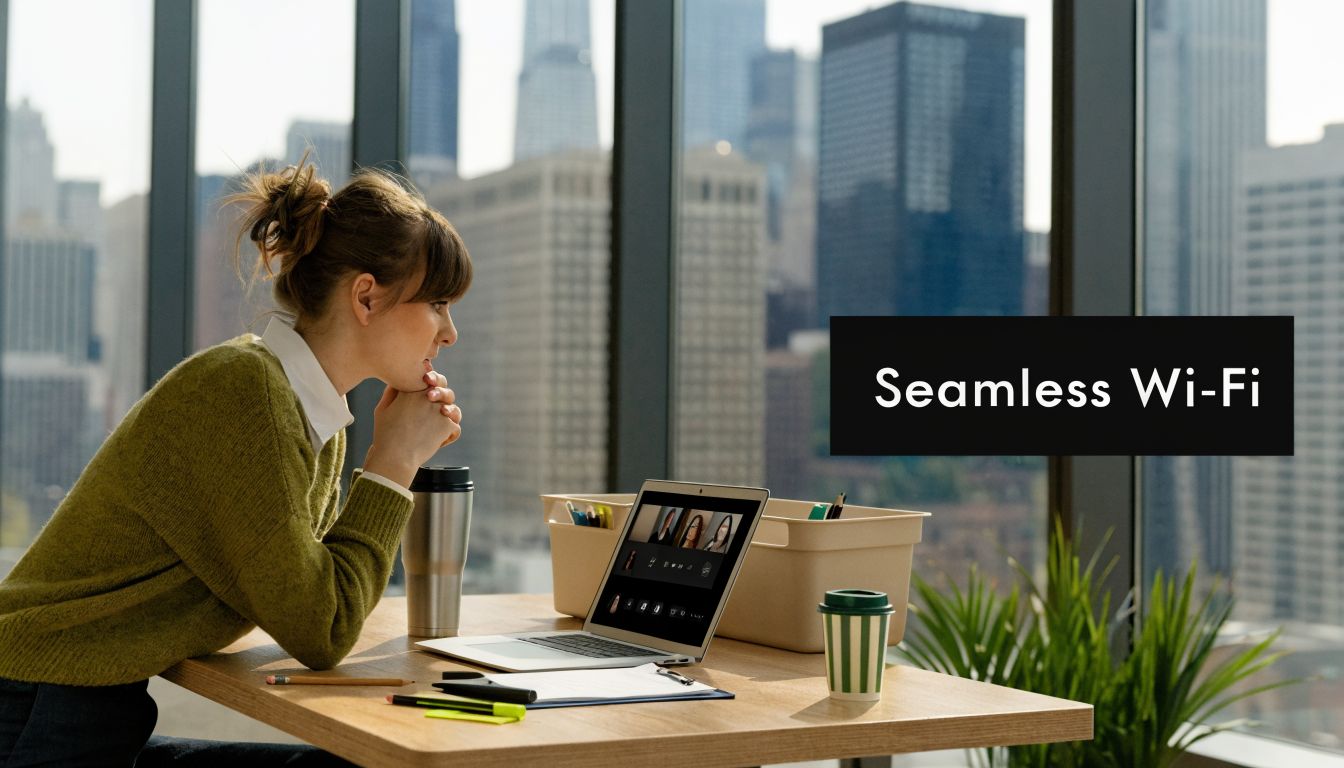 A woman working on her laptop in a modern office with a view of the Chicago skyline.