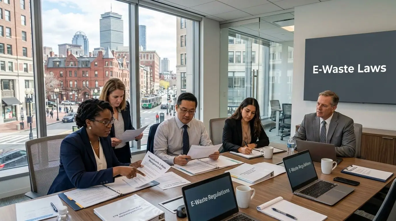 A professional team in a conference room in Boston discussing e-waste laws and recycling regulations.