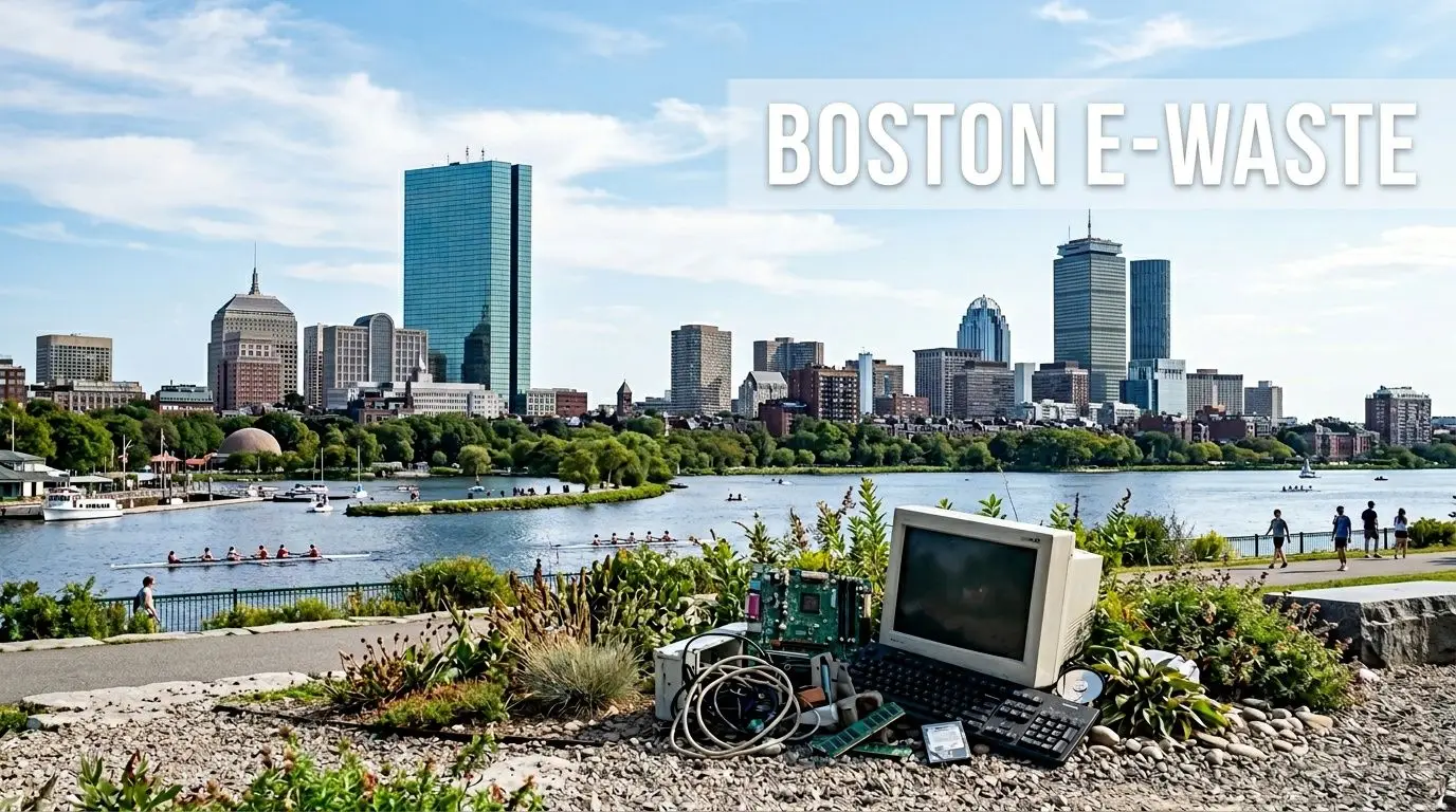 A stack of discarded computer equipment, including a monitor and keyboard, sitting near the Boston skyline.