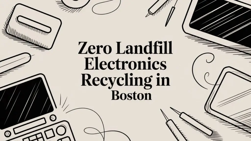 Illustration of electronic devices and tools surrounding the words "Zero Landfill Electronics Recycling in Boston" on a light background.