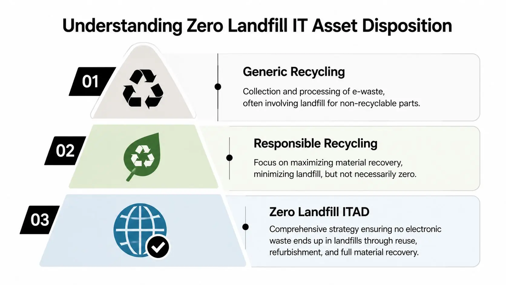 A pyramid chart illustrating three levels of IT asset disposition: generic recycling, responsible recycling, and zero landfill.