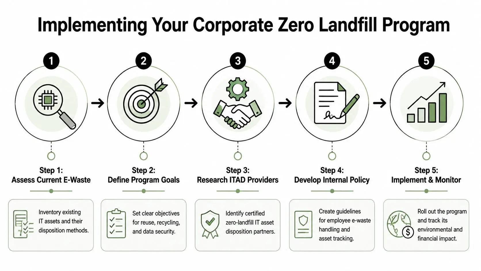 A five-step infographic guide for implementing a corporate zero landfill electronic waste recycling program.