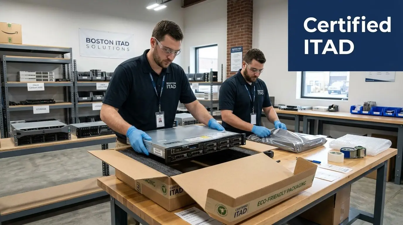 Two professionals in Boston ITAD uniforms carefully packing refurbished servers into eco-friendly boxes for recycling.