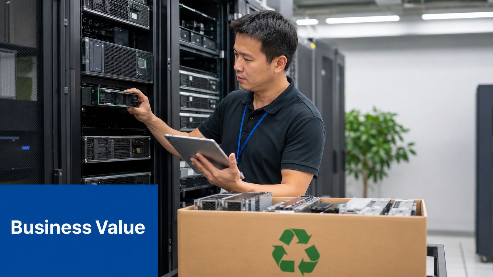 An IT technician manages server hardware assets while using a tablet in a data center facility.