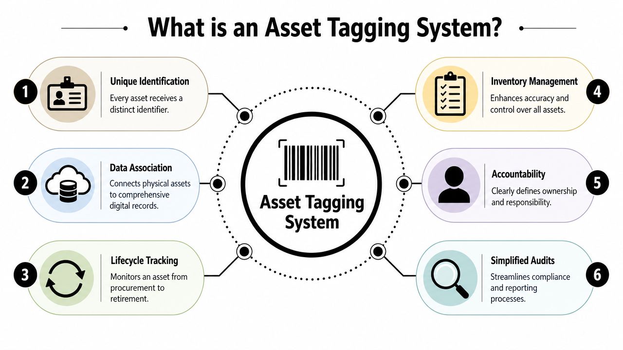 An infographic titled What is an Asset Tagging System showcasing six benefits including identification and tracking.