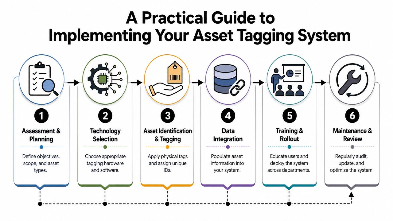 A flowchart infographic outlining six steps for successfully implementing an effective asset tagging system in organizations.