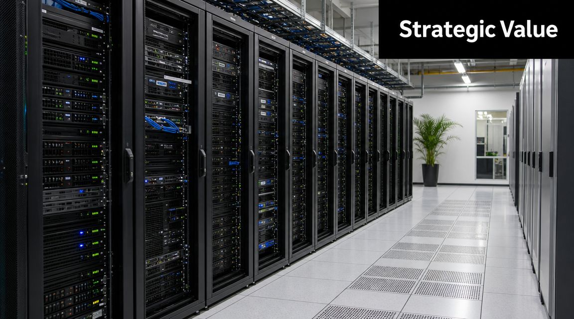 A modern data center featuring rows of server racks with flashing blue and green LED lights.