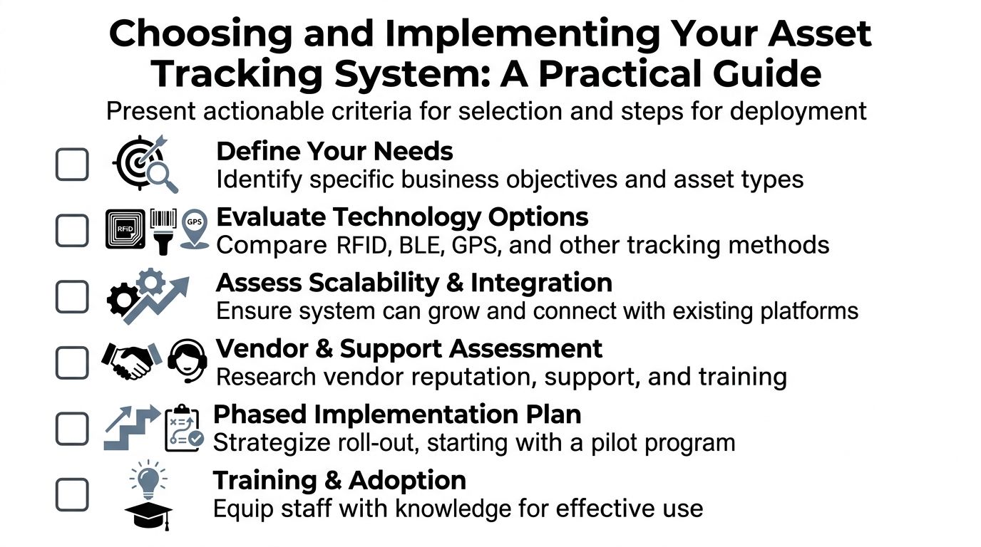 An infographic titled Choosing and Implementing Your Asset Tracking System outlining six practical steps for deployment.