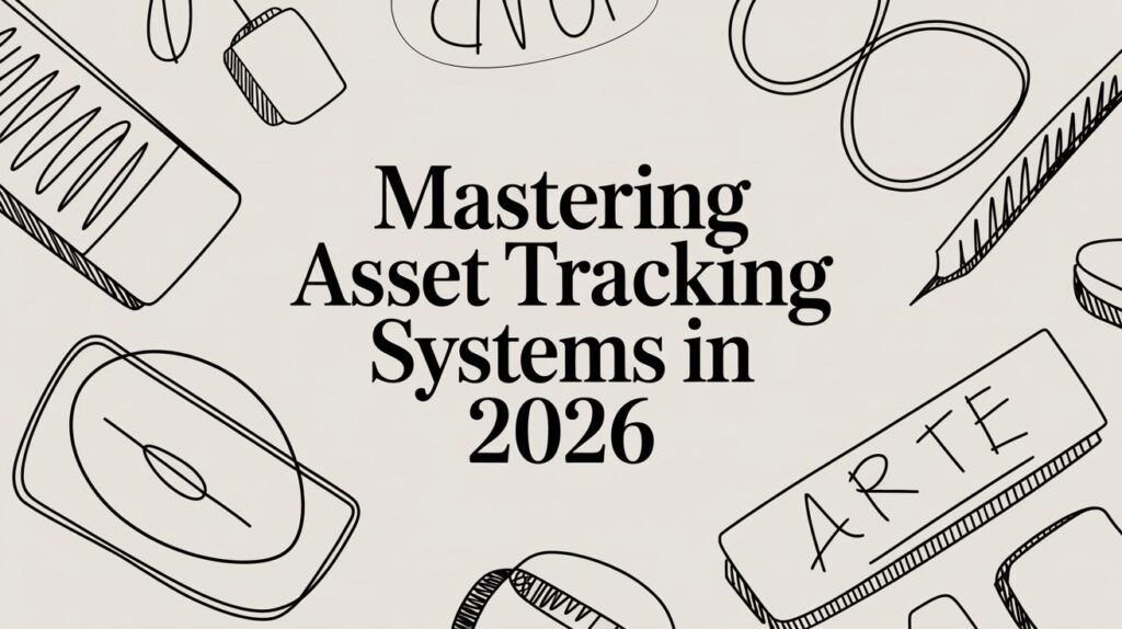 The text "Mastering Asset Tracking Systems in 2026" appears with sketched office supplies on a pale backdrop.