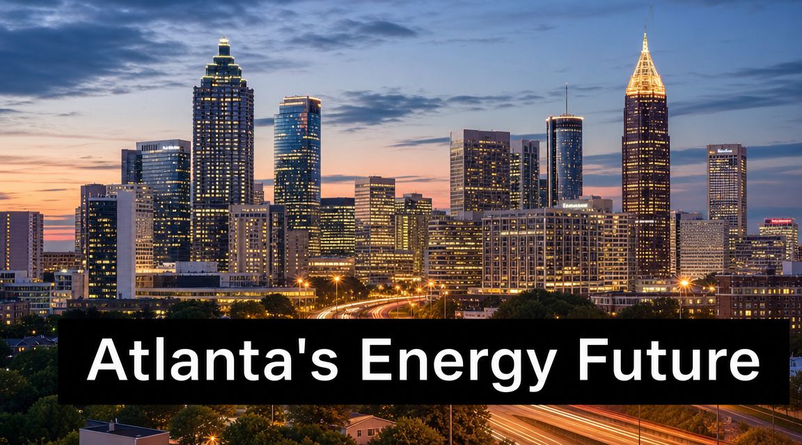 A scenic dusk view of the illuminated Atlanta city skyline featuring modern skyscrapers under a colorful sunset.