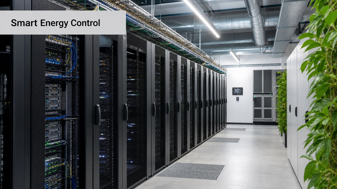 A modern data center featuring rows of server racks, ventilation systems, and indoor green plants.
