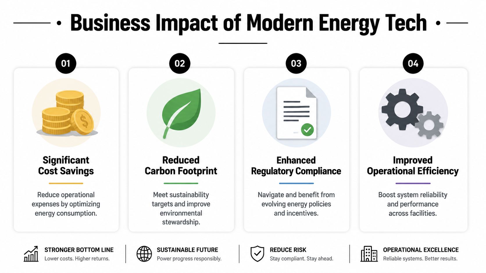 An infographic showing the four business benefits of modern energy technology including cost savings and sustainability.