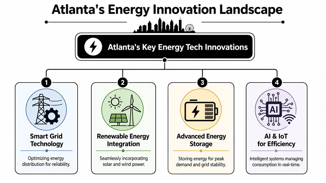 An infographic showing Atlanta's key energy technology innovations including smart grids, renewable energy, storage, and AI IoT.