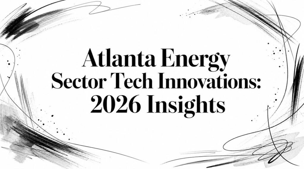 The text "Atlanta Energy Sector Tech Innovations: 2026 Insights" appears with a black abstract brushstroke border.
