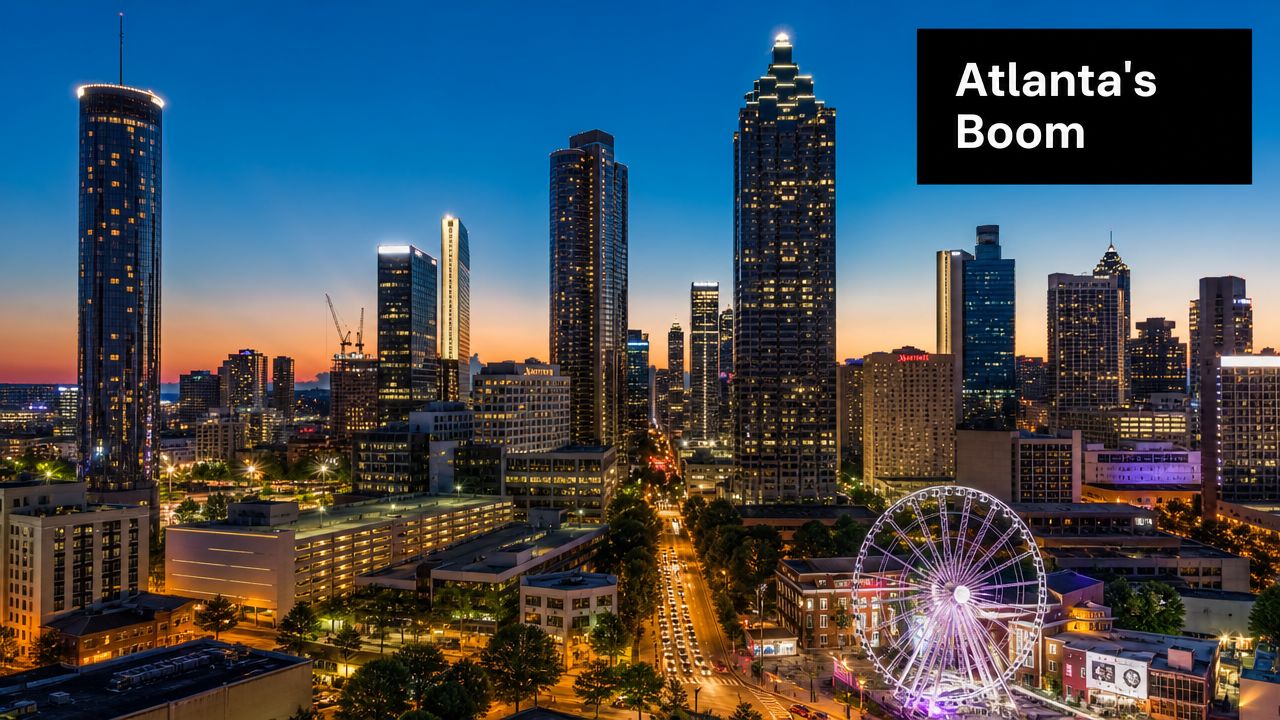 An aerial view of the illuminated Atlanta skyline at dusk with a large ferris wheel in front.
