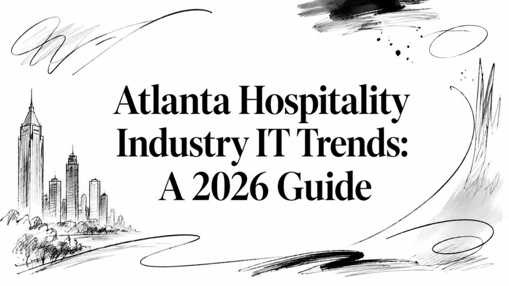 Black-and-white drawing of the Atlanta skyline with text: "Atlanta Hospitality Industry IT Trends 2026 Guide.