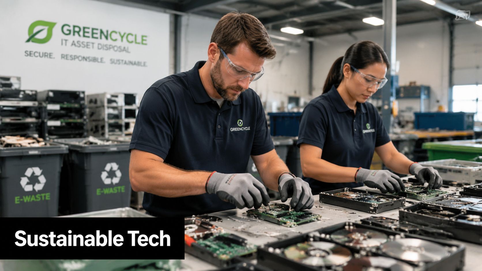 Two technicians in branded shirts dismantle electronic hard drives at a professional e-waste recycling facility.