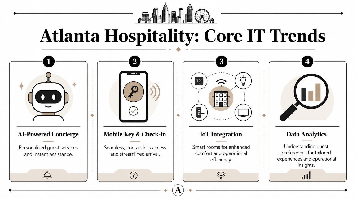 An infographic titled Atlanta Hospitality Core IT Trends displaying four key technologies including AI, mobile keys, IoT, and analytics.