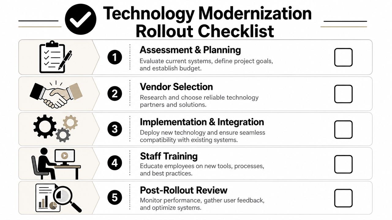 A structured five-step technology modernization rollout checklist for businesses, highlighting assessment, vendor selection, implementation, training, and review.