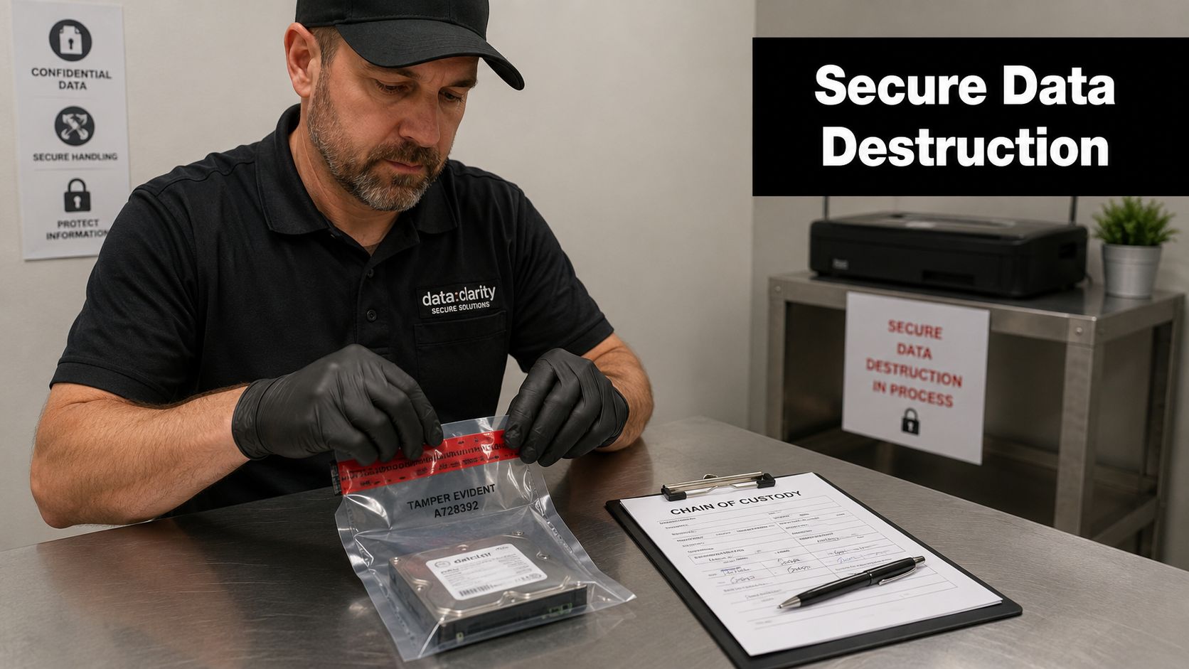 A technician wearing gloves seals a hard drive in a tamper-evident bag for secure data destruction processing.