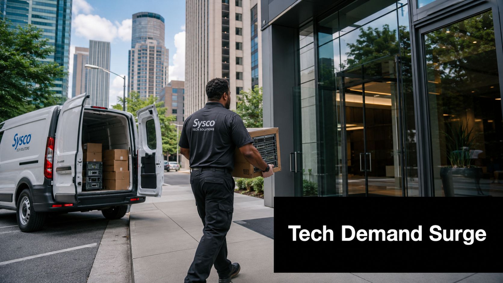 A Sysco Tech Solutions worker delivers IT equipment to a modern corporate building in an urban environment.
