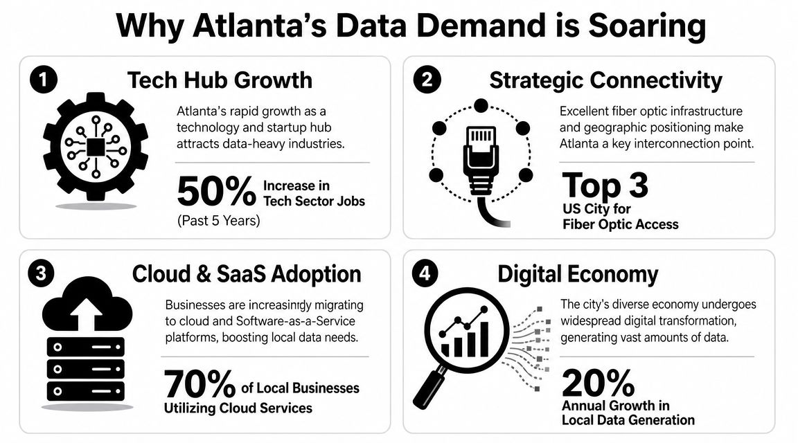 An infographic titled Why Atlanta's Data Demand is Soaring featuring four key drivers of local data growth.