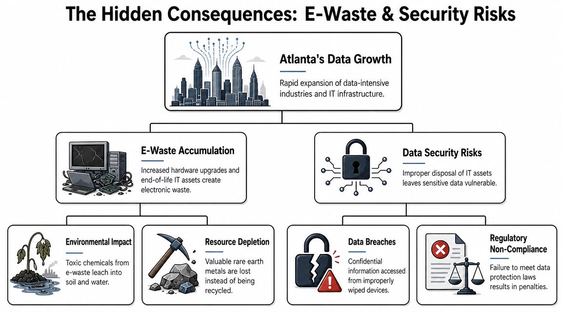 An infographic detailing the environmental and data security risks associated with e-waste in Atlanta's growing tech industry.