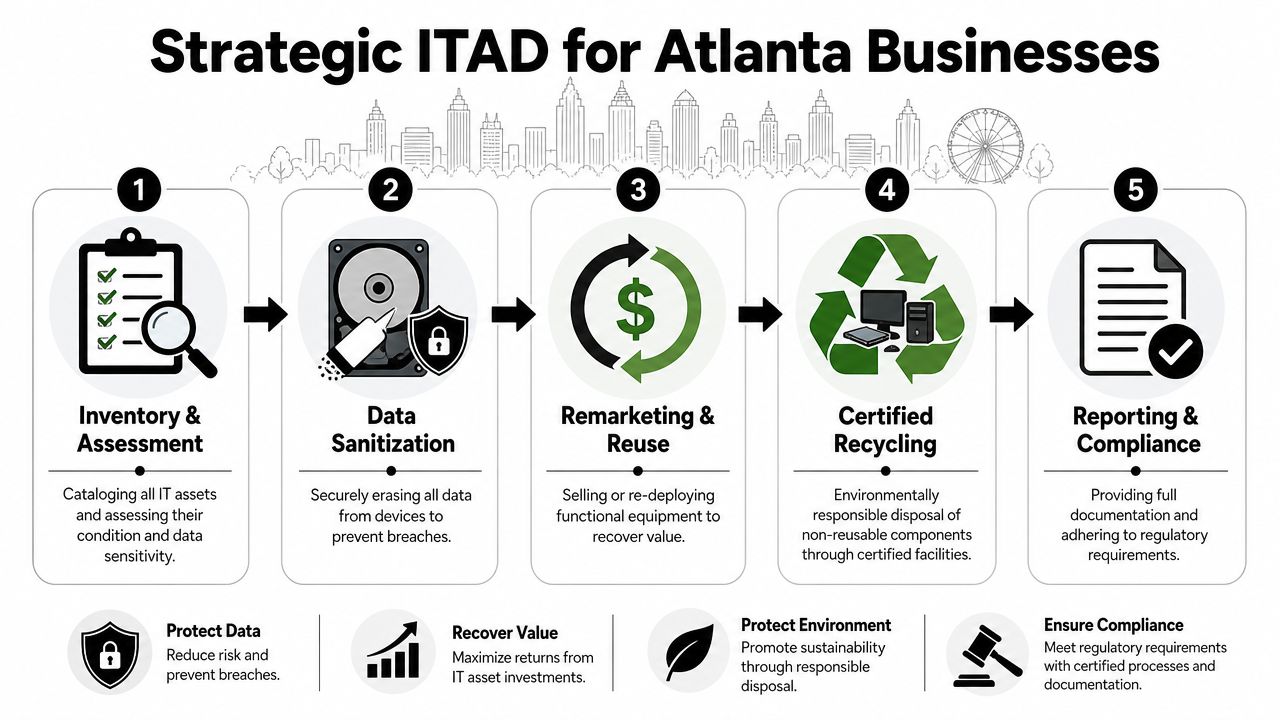 A five-step flowchart illustrating a strategic IT asset disposition process for Atlanta businesses, from assessment to compliance.