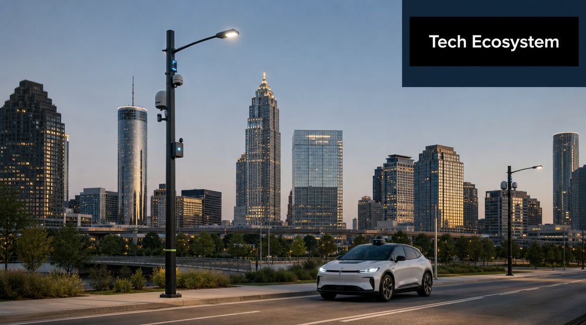 A modern autonomous vehicle driving down a city street with the Atlanta skyline in the background.
