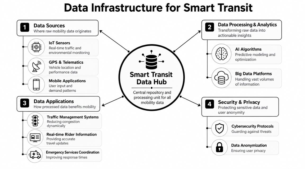 A diagram illustrating the four key components of data infrastructure for smart transit systems.