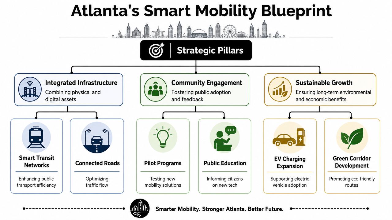 A strategic organizational chart showing Atlanta's Smart Mobility Blueprint, highlighting pillars of infrastructure, community, and sustainability.